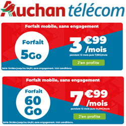 Auchan Telecom : deux forfaits en série limitée 5 Go et 60 Go jusqu'au 3 novembre Auchan Telecom : deux forfaits en série limitée 5 Go et 60 Go jusqu'au 3 novembre