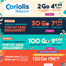 Coriolis Telecom : 4 forfaits sans engagement de 2 Go, 30 Go, 100 et 150 Go en promotion jusqu'au 26 octobre Coriolis Telecom : 4 forfaits sans engagement de 2 Go, 30 Go, 100 et 150 Go en promotion jusqu'au 26 octobre