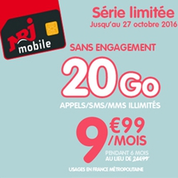 Le Forfait NRJ Mobile 20 Go est à 9.99 euros par mois Forfait NRJ Mobile 20 Go est à 9.99 € par mois