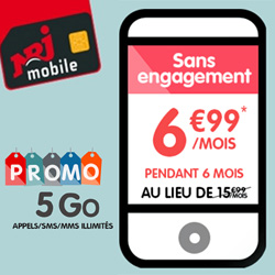 NRJ Mobile propose son forfait 5 Go  6,99  / mois pendant 6 mois au lieu de 15,99 