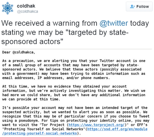 Twitter met en place des notifications lorsqu'un compte est espionné  par un Etat