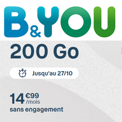 Un nouveau forfait B&You 200 Go pour 14,99 € par mois chez Bouygues Telecom jusqu'au 27 octobre Un nouveau forfait B&You 200 Go pour 14,99 € par mois chez Bouygues Telecom jusqu'au 27 octobre