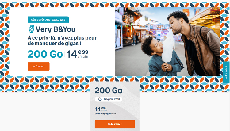 Un nouveau forfait B&You 200 Go pour 14,99 € par mois chez Bouygues Telecom jusqu'au 27 octobre Un nouveau forfait B&You 200 Go pour 14,99 € par mois chez Bouygues Telecom jusqu'au 27 octobre